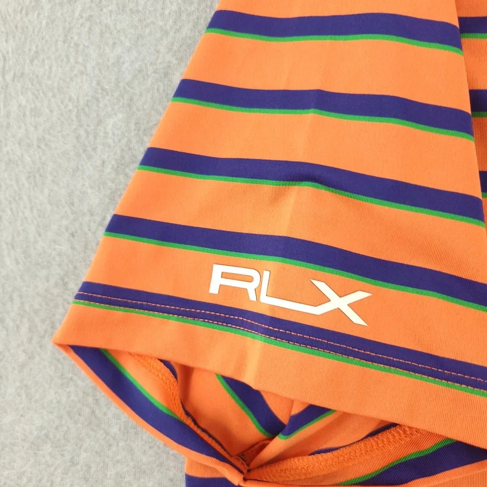 RLX Ralph Lauren Polo Shirt Mens L Orange Stripe Golf Performance Stretch Top